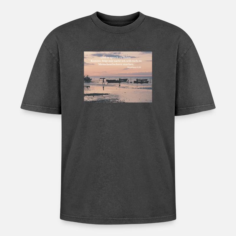 Berufung am Strand: Menschenfischer - Oversized Unisex Premium Acid-Washed T-Shirt - Schwarz Acid Wash