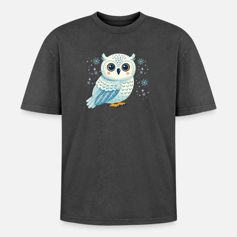 Wintereule in Schneeflocken - Oversized Unisex Premium Acid-Washed T-Shirt - Schwarz Acid Wash