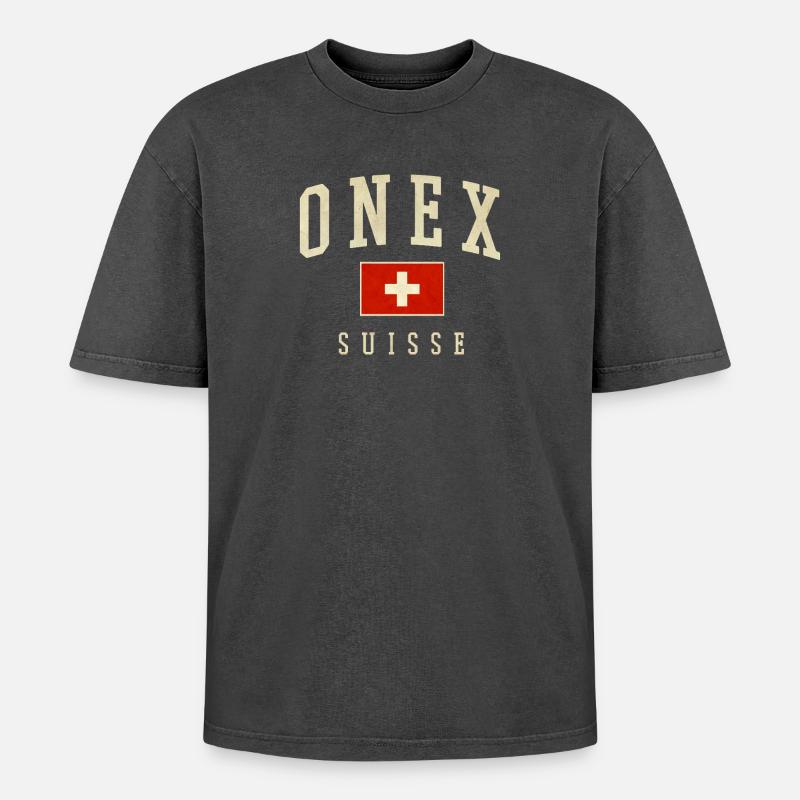 ONEX Schweiz Design - Schweizer Flagge - Oversized Unisex Premium Acid-Washed T-Shirt - Schwarz Acid Wash