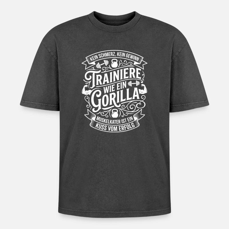 Trainiere Wie Ein Gorilla - Oversized Unisex Premium Acid-Washed T-Shirt - Schwarz Acid Wash