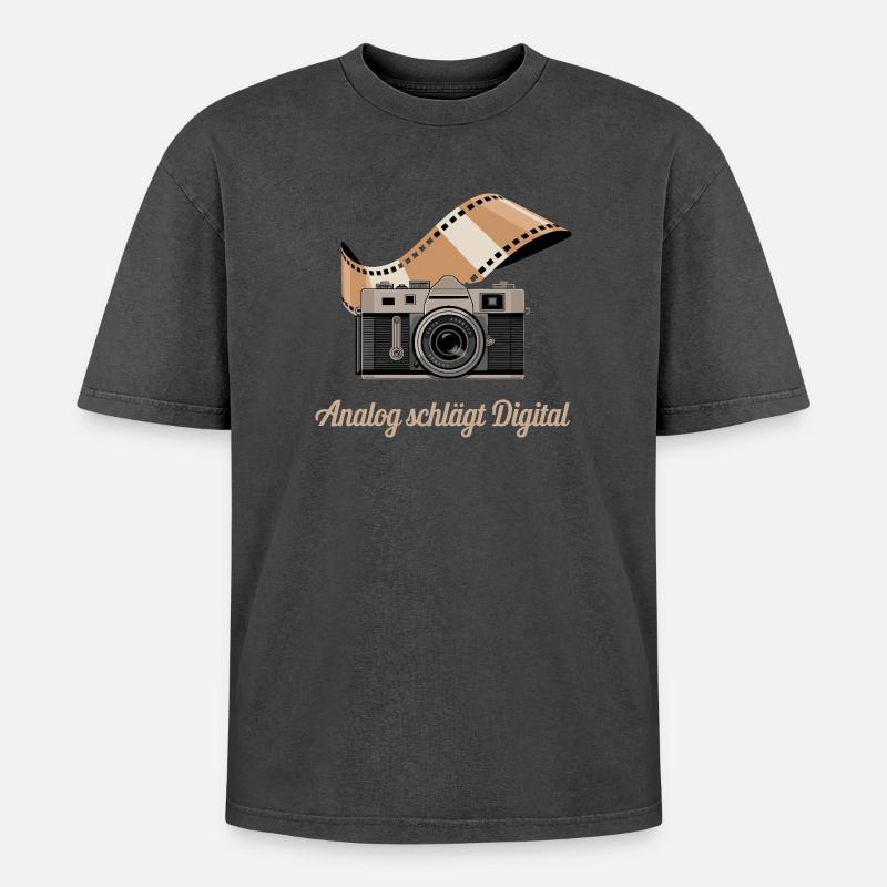 Analog Beats Digital Retro Camera - Oversized Unisex Premium Acid-Washed T-Shirt - acid washed black