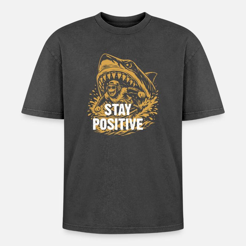 Bleib positiv, Shark Splash - Oversized Unisex Premium Acid-Washed T-Shirt - Schwarz Acid Wash