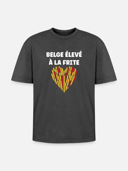 Belgian Lovers of French Fries Heart - Oversized Unisex Premium Acid-Washed T-Shirt - acid washed black