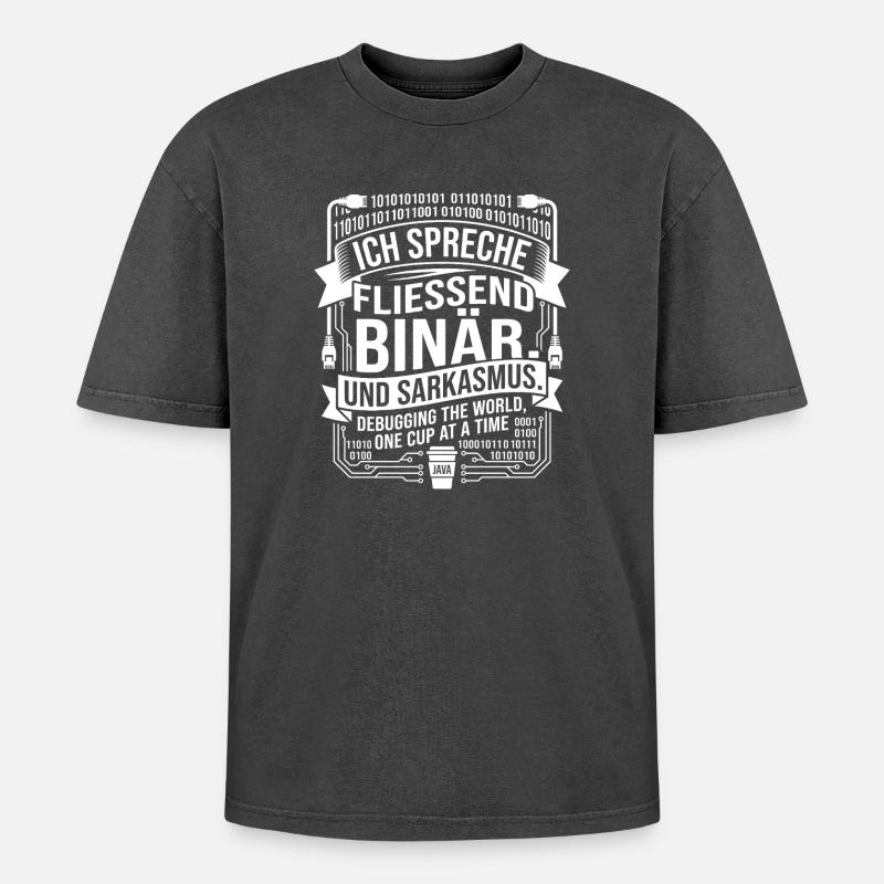 Coding Binary Coffee Sarcasm - Oversized Unisex Premium Acid-Washed T-Shirt - acid washed black