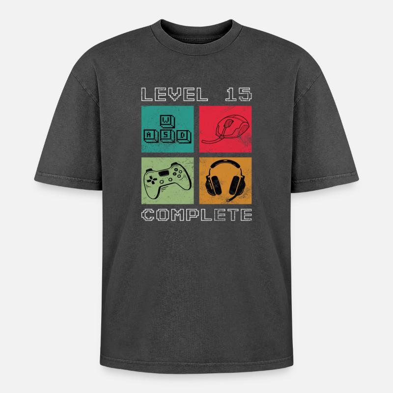 Level 15 Complete - Oversized Unisex Premium Acid-Washed T-Shirt - Schwarz Acid Wash