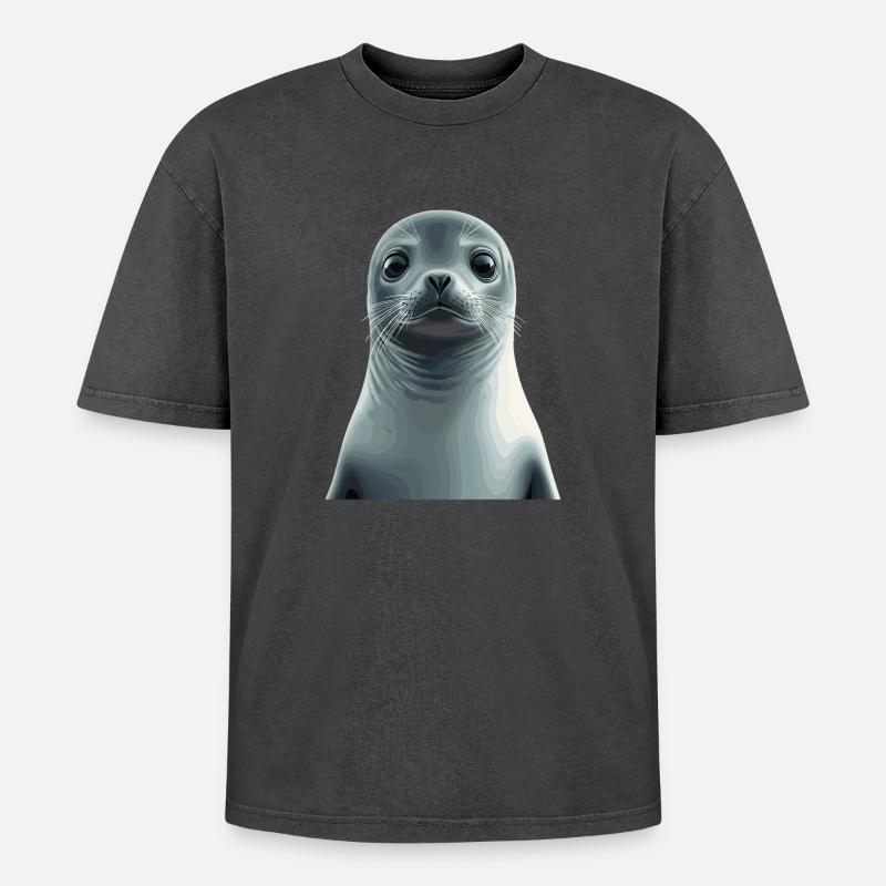 Graustufen Robbenillustration - Oversized Unisex Premium Acid-Washed T-Shirt - Schwarz Acid Wash