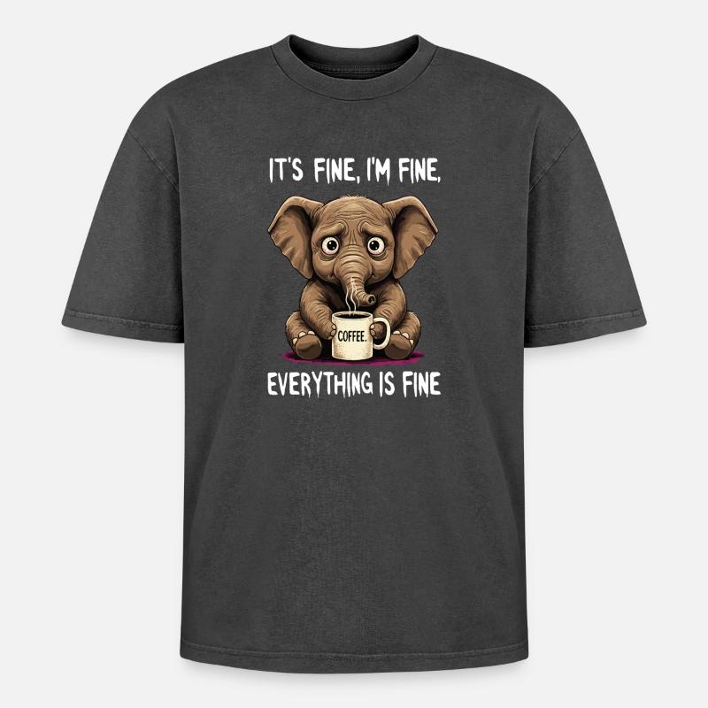 Its Fine Im Fine Kaffee Elefant - Oversized Unisex Premium Acid-Washed T-Shirt - Schwarz Acid Wash