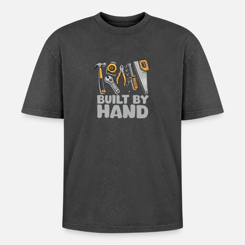 Built by Hand – Tool Illustration - Oversized Unisex Premium Acid-Washed T-Shirt - acid washed black
