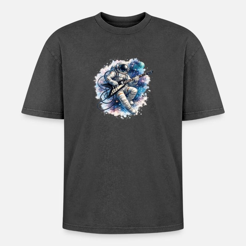 Guitare d’astronaute dans l’aquarelle spatiale - T-shirt Premium unisexe oversize acid-washed - noir délavé acide