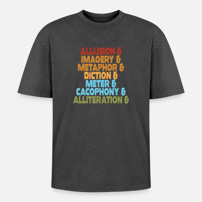 Literarische Mittel Typografie-Stack - Oversized Unisex Premium Acid-Washed T-Shirt - Schwarz Acid Wash