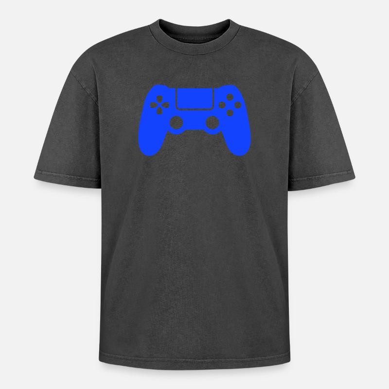 Blaues Gaming-Controller Silhouette - Oversized Unisex Premium Acid-Washed T-Shirt - Schwarz Acid Wash