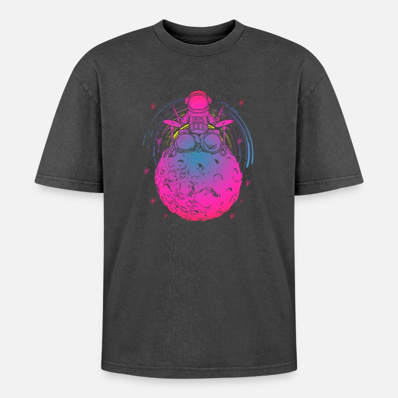 Psychedelic Astro Drummer Planet - Oversized Unisex Premium Acid-Washed T-Shirt - acid washed black