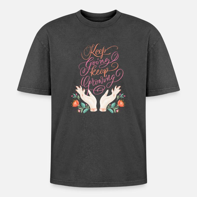 Keep Going. Keep Growing. - Oversized Unisex Premium Acid-Washed T-Shirt - Schwarz Acid Wash