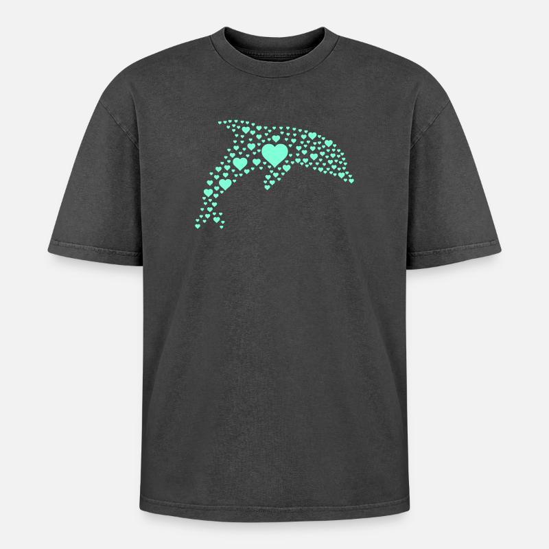 Dolphin Heart Pattern - Oversized Unisex Premium Acid-Washed T-Shirt - acid washed black