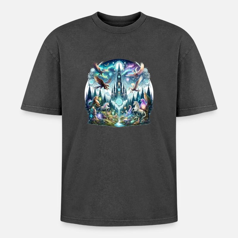 Enchanted Tower Forest Dream - Oversized Unisex Premium Acid-Washed T-Shirt - acid washed black