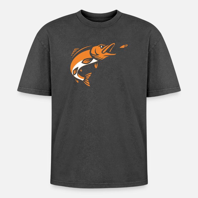Hecht Raubfisch Sprung Silhouette - Oversized Unisex Premium Acid-Washed T-Shirt - Schwarz Acid Wash