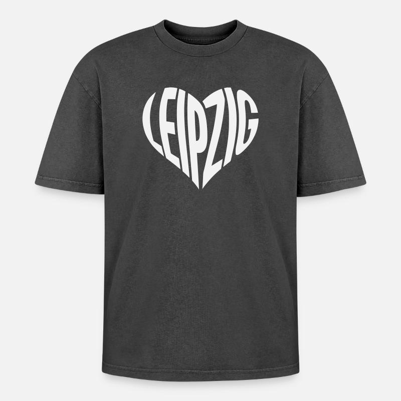 Leipzig Herz-Typo  - Oversized Unisex Premium Acid-Washed T-Shirt - Schwarz Acid Wash