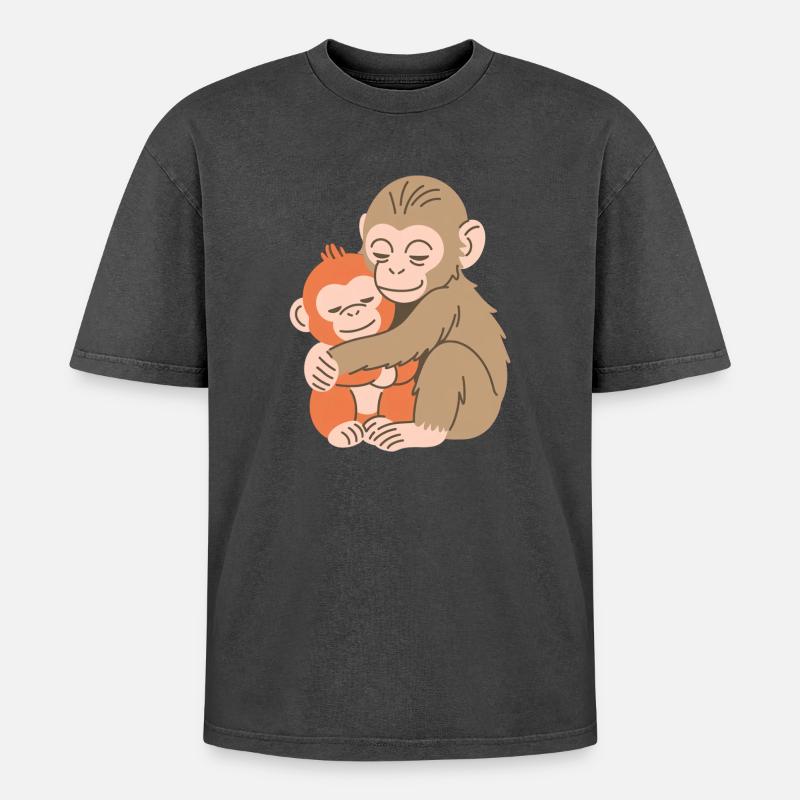 Hugging Monkey Duo - Oversized Unisex Premium Acid-Washed T-Shirt - acid washed black