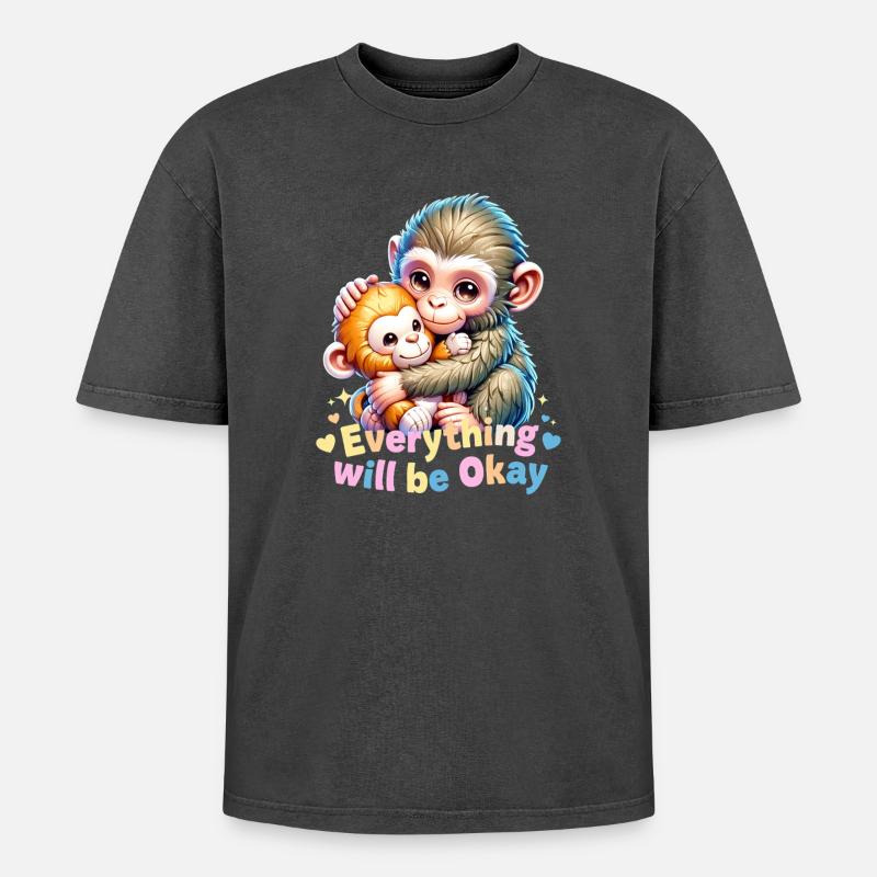 Everything Will Be Okay Monkey Hug - Oversized Unisex Premium Acid-Washed T-Shirt - acid washed black