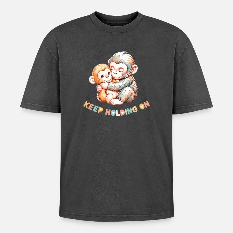 Monkey Hug: Keep Holding On - Oversized Unisex Premium Acid-Washed T-Shirt - acid washed black