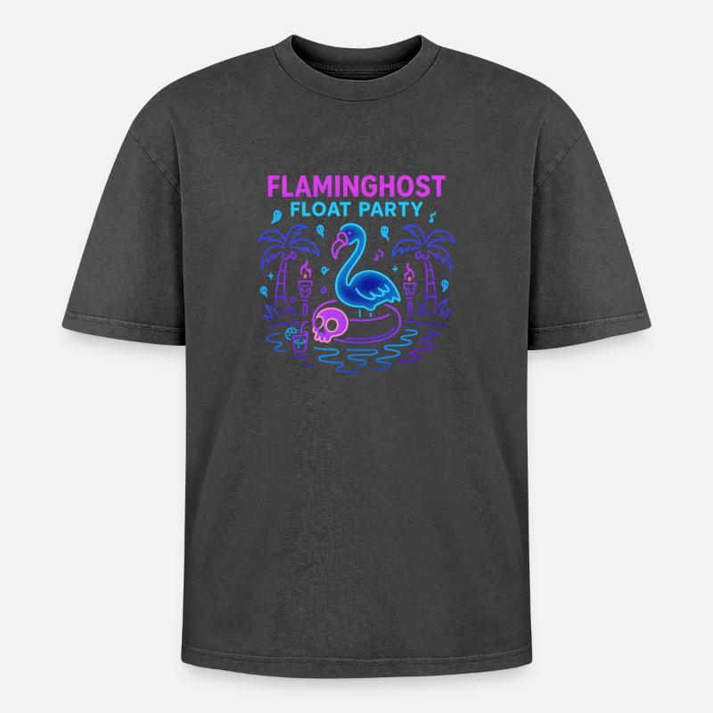 Flaminghost Float Party Halloween Pool - Oversized Unisex Premium Acid-Washed T-Shirt - Schwarz Acid Wash