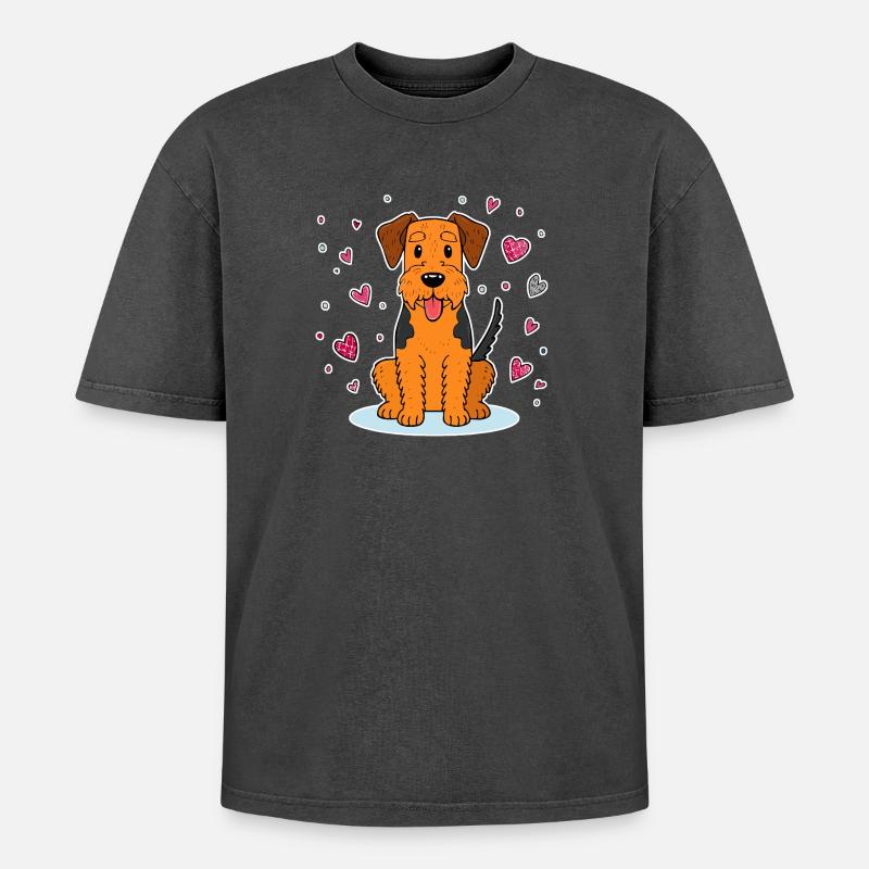 Airedale Terrier (Comic) - Oversized Unisex Premium Acid-Washed T-Shirt - Schwarz Acid Wash