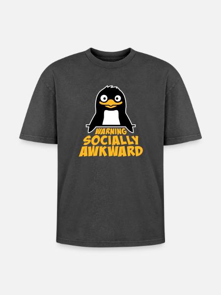 Penguin Warning Socially Awkward Funny Clumsy - Oversized Unisex Premium Acid-Washed T-Shirt - acid washed black