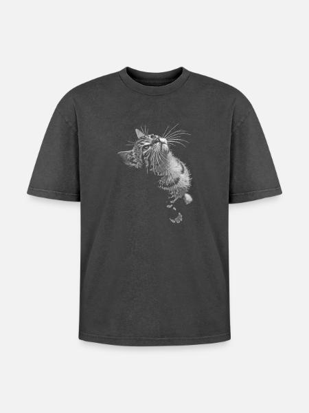 Graustufen Katzenschnurrer Blick - Oversized Unisex Premium Acid-Washed T-Shirt - Schwarz Acid Wash