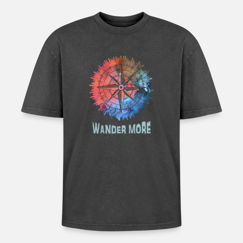 Wander More Compass Tie-Dye - T-shirt Premium unisexe oversize acid-washed - noir délavé acide