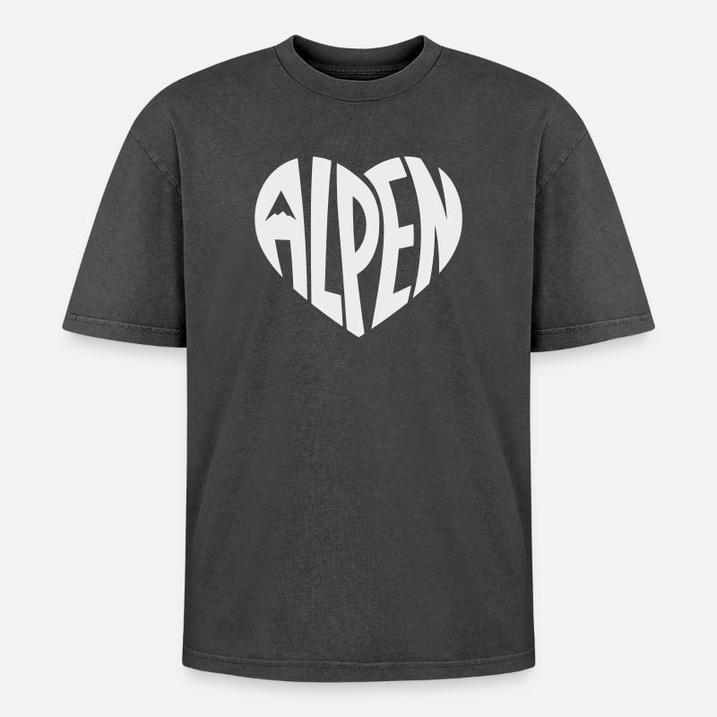 Alpen Herzdesign - Designfarbe variabel - Oversized Unisex Premium Acid-Washed T-Shirt - Schwarz Acid Wash