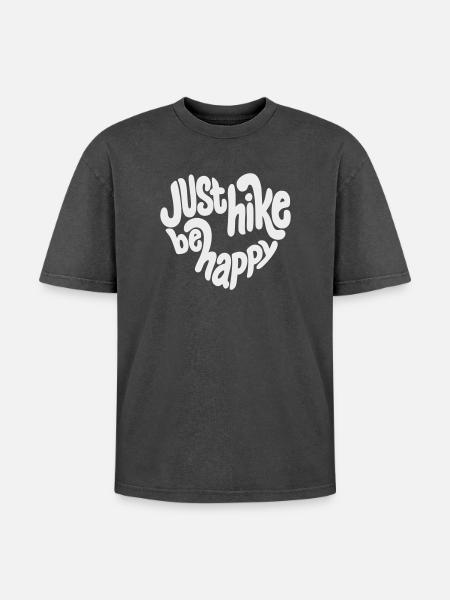 Just Hike Be Happy Lettering - Oversized Unisex Premium Acid-Washed T-Shirt - acid washed black