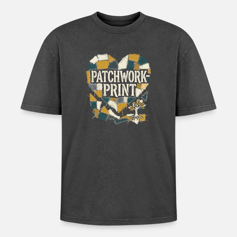 Patchwork Print - Oversized Unisex Premium Acid-Washed T-Shirt - Schwarz Acid Wash