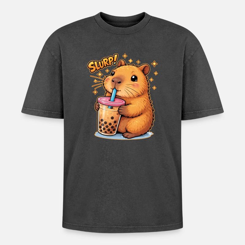 Capybara Bubble Tea - Oversized Unisex Premium Acid-Washed T-Shirt - acid washed black