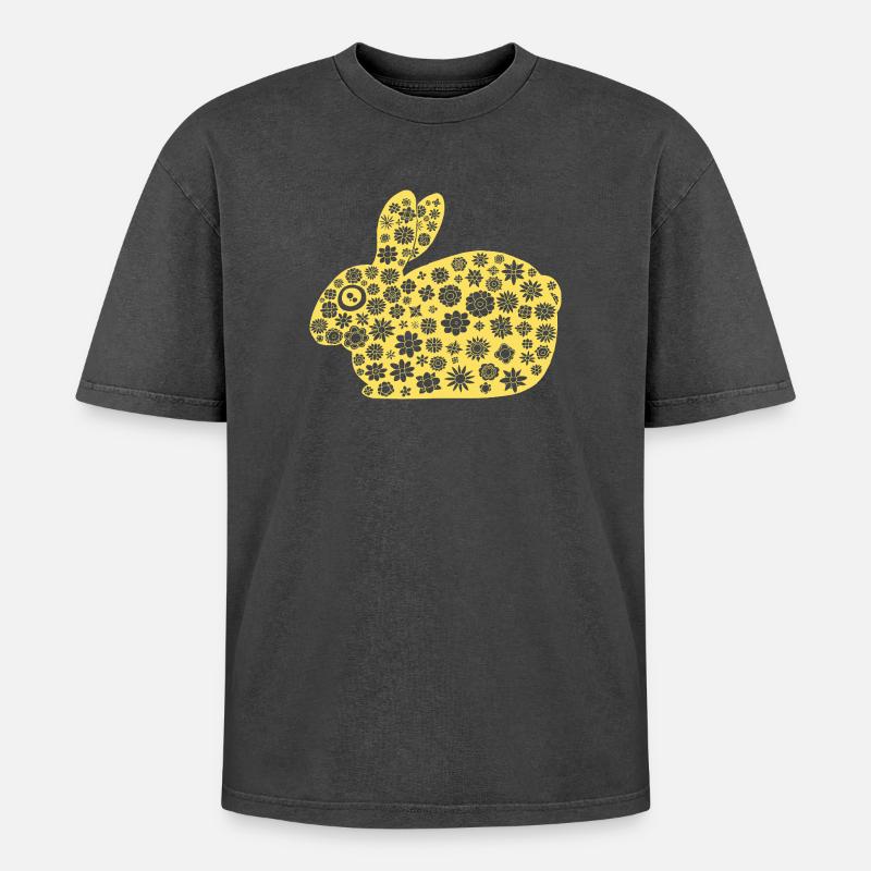Golden Rabbit Floral Pattern - Oversized Unisex Premium Acid-Washed T-Shirt - acid washed black