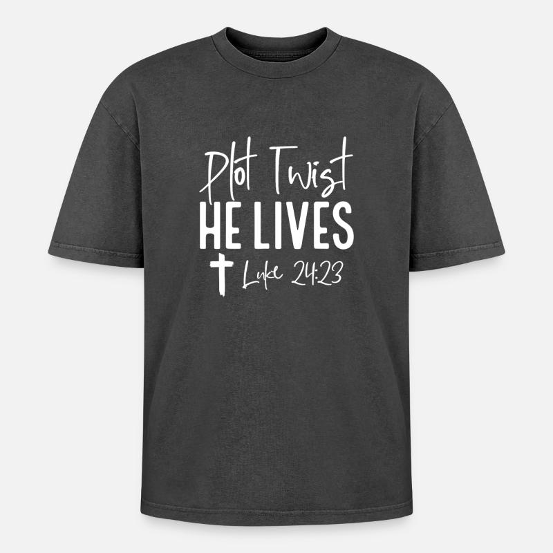 Plot-Twist: Er lebt Lukas 24,23 - Oversized Unisex Premium Acid-Washed T-Shirt - Schwarz Acid Wash