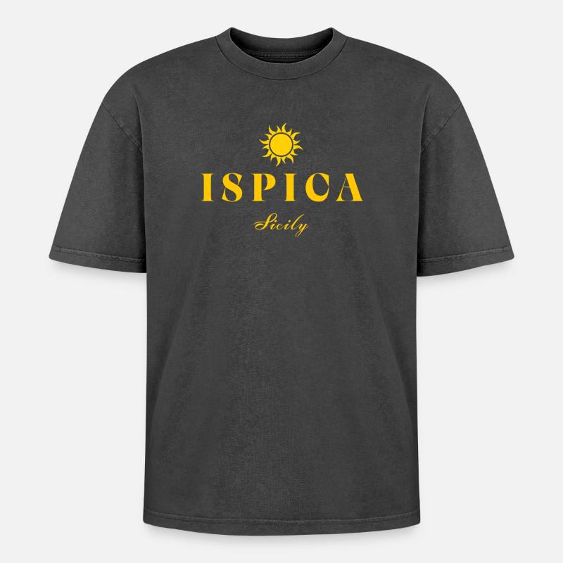 Ispica Sicily Suncrest Logo - T-shirt Premium unisexe oversize acid-washed - noir délavé acide