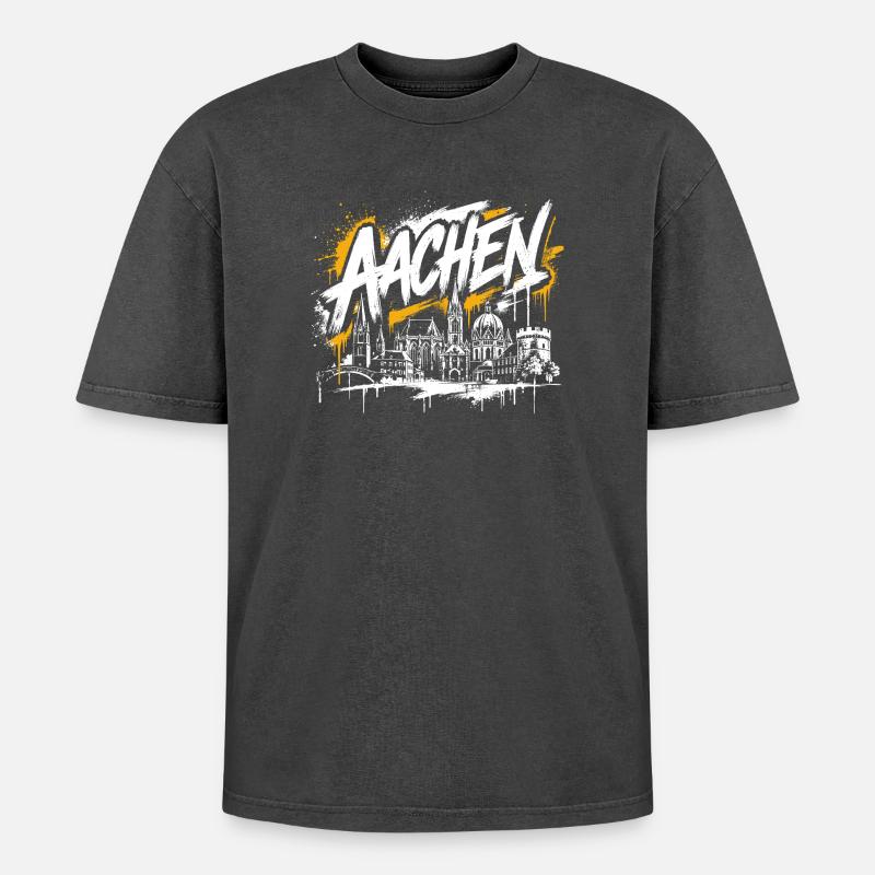 München Graffiti Skyline - Oversized Unisex Premium Acid-Washed T-Shirt - Schwarz Acid Wash