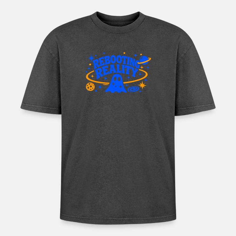 REBOOTING REALITY - Oversized Unisex Premium Acid-Washed T-Shirt - Schwarz Acid Wash