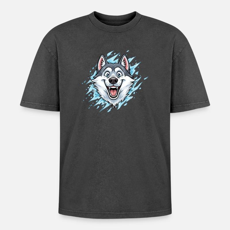 Fröhlicher Wolf Maskottchen Wassersplash - Oversized Unisex Premium Acid-Washed T-Shirt - Schwarz Acid Wash