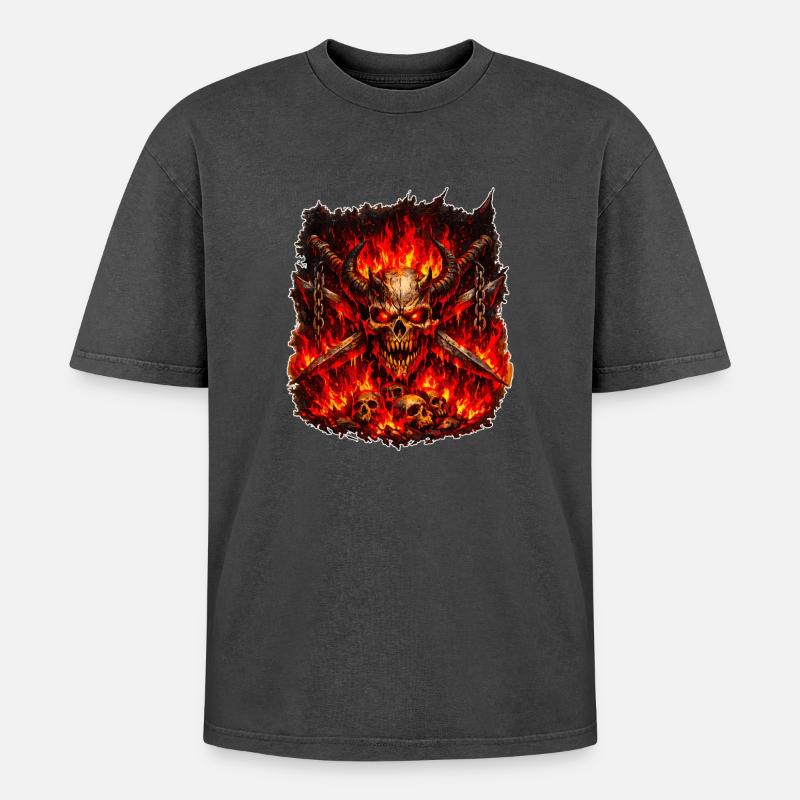 Crâne de Feu avec des Cornes - T-shirt Premium unisexe oversize acid-washed - noir délavé acide