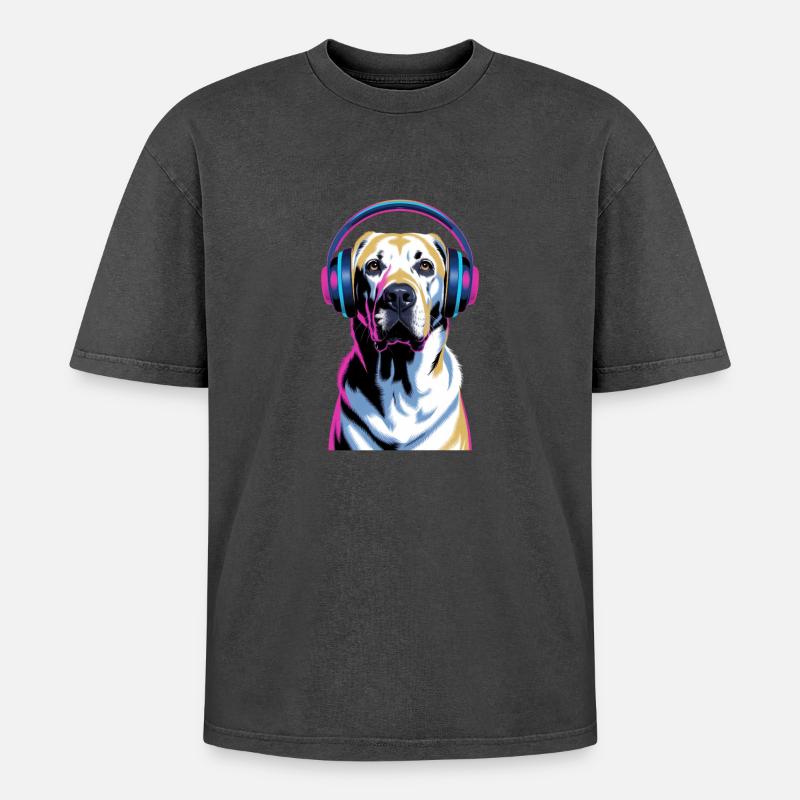 Labrador mit Kopfhörern - Oversized Unisex Premium Acid-Washed T-Shirt - Schwarz Acid Wash