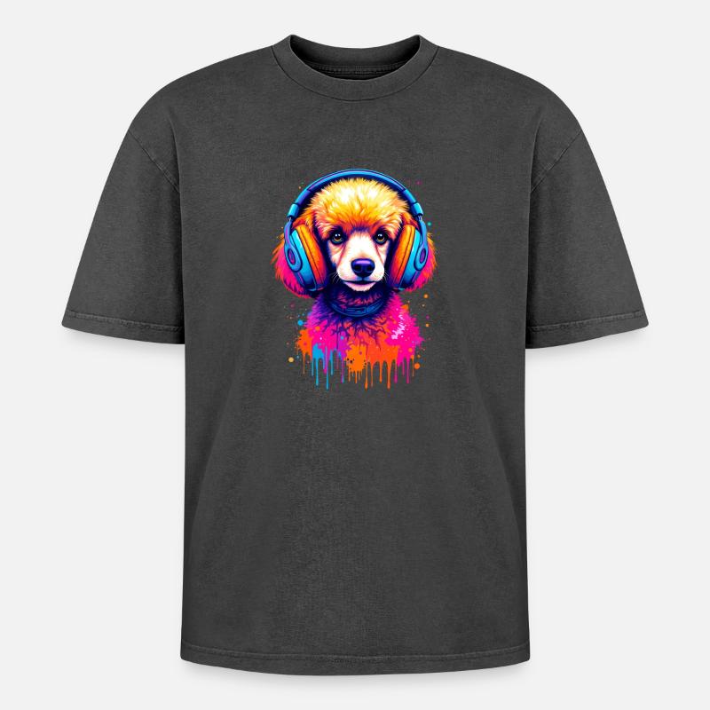 Pudel mit Kopfhörern - Oversized Unisex Premium Acid-Washed T-Shirt - Schwarz Acid Wash