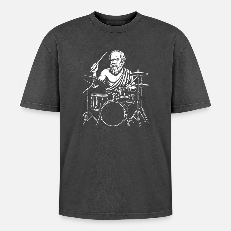Ancient Socrates  Drummer Line Art - Oversized Unisex Premium Acid-Washed T-Shirt - acid washed black