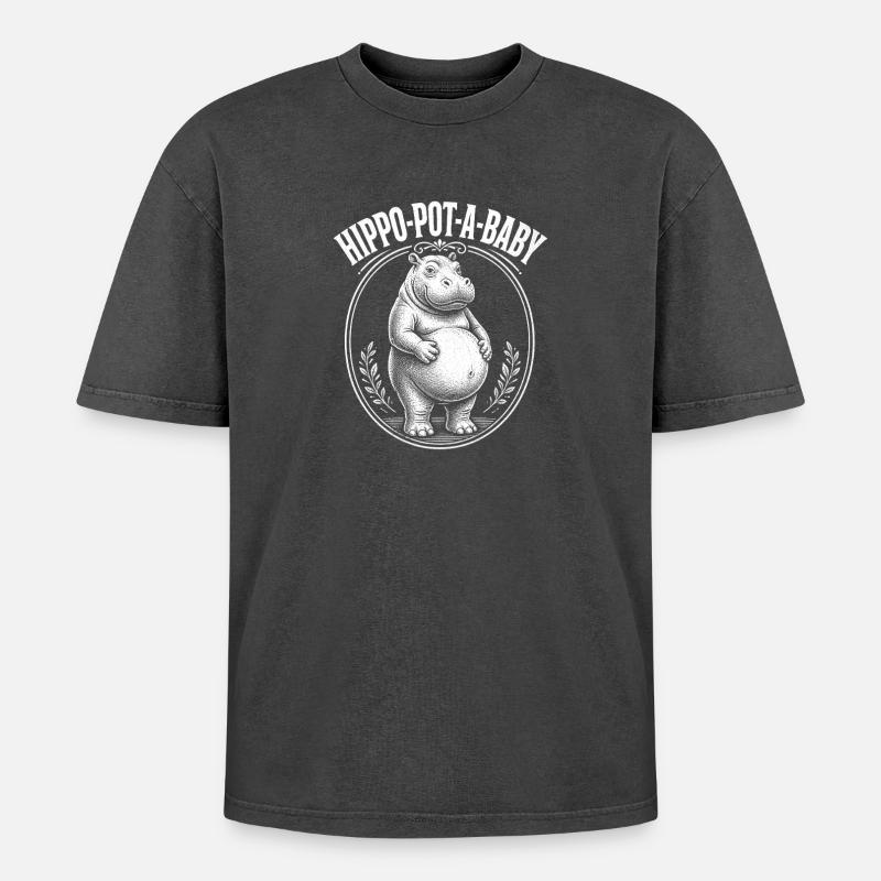 Schwangere Mutter Nilpferd-Topf-ein-Baby Nilpferd - Oversized Unisex Premium Acid-Washed T-Shirt - Schwarz Acid Wash