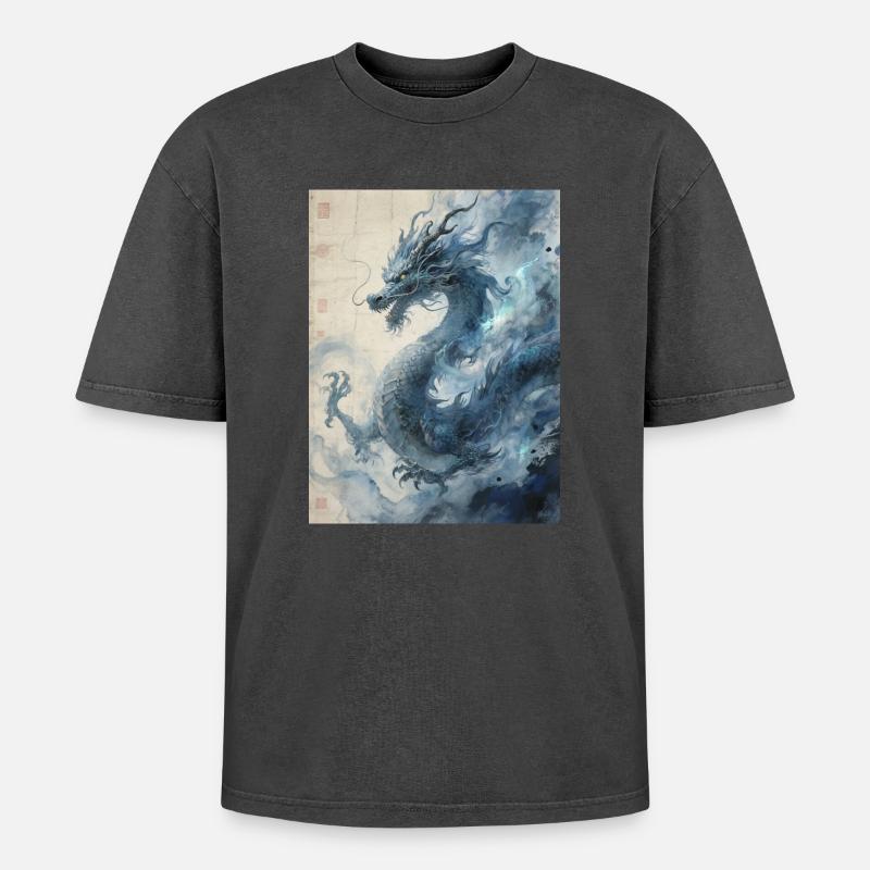 Die Sternennacht: Blauer Drache – Aether - Oversized Unisex Premium Acid-Washed T-Shirt - Schwarz Acid Wash