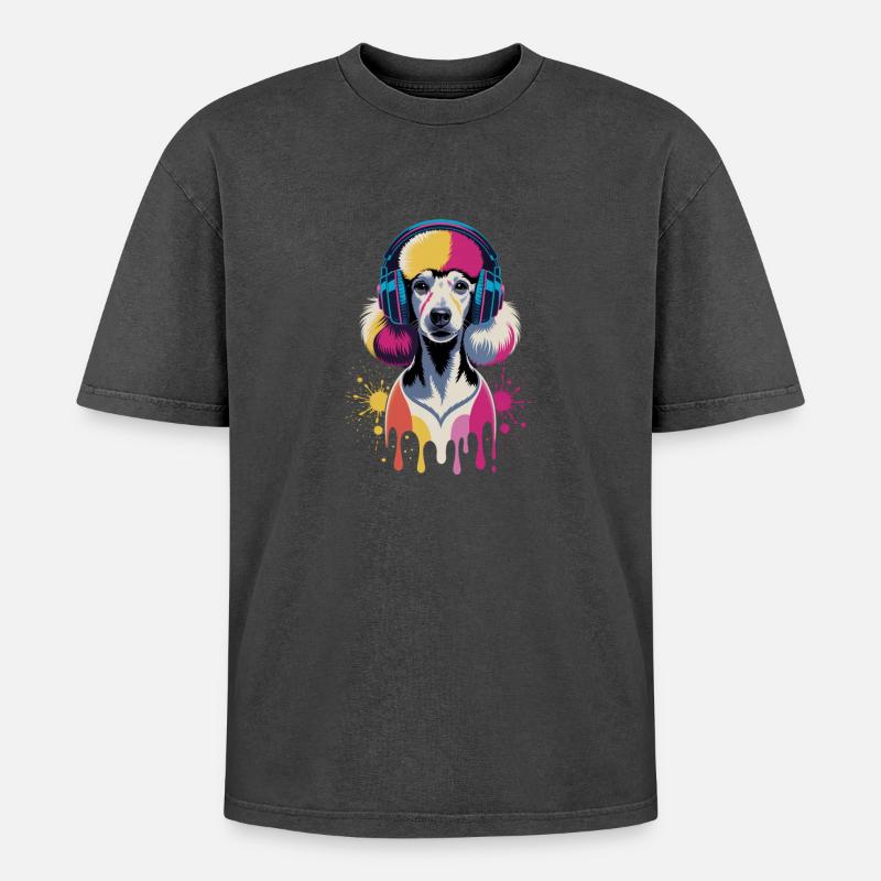 Pudel mit Kopfhörer - Oversized Unisex Premium Acid-Washed T-Shirt - Schwarz Acid Wash