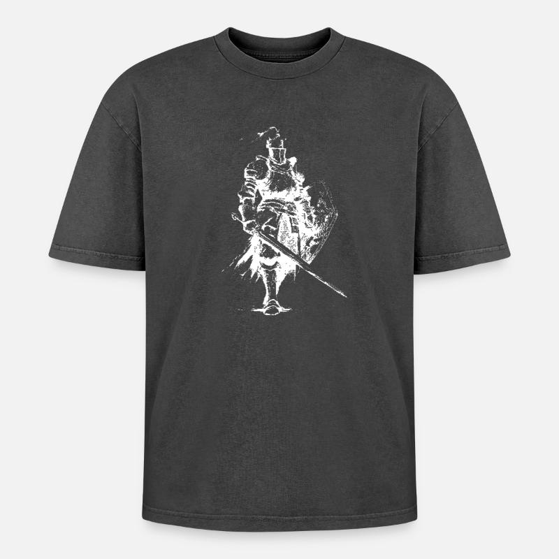 Medieval Knight Silhouette with Lance - Oversized Unisex Premium Acid-Washed T-Shirt - acid washed black