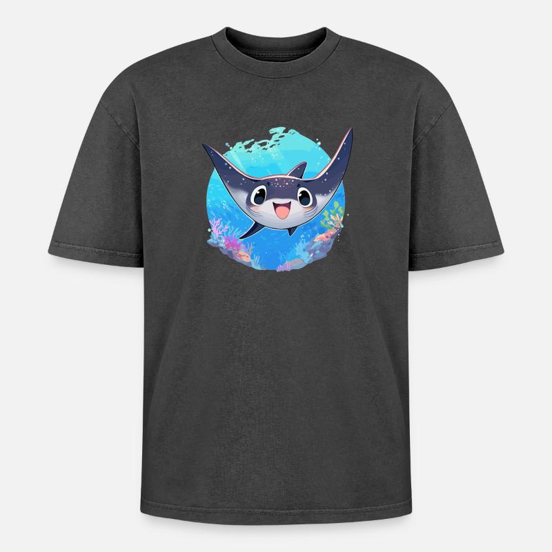Rochen Mantarochen - Oversized Unisex Premium Acid-Washed T-Shirt - Schwarz Acid Wash