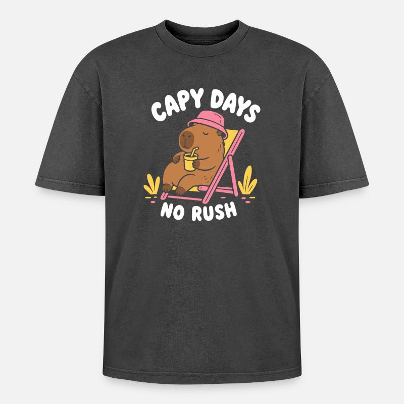 Capy Days No Rush Capybara - Oversized Unisex Premium Acid-Washed T-Shirt - acid washed black