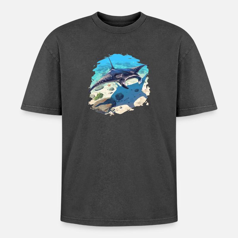 Rochen Mantarochen - Oversized Unisex Premium Acid-Washed T-Shirt - Schwarz Acid Wash